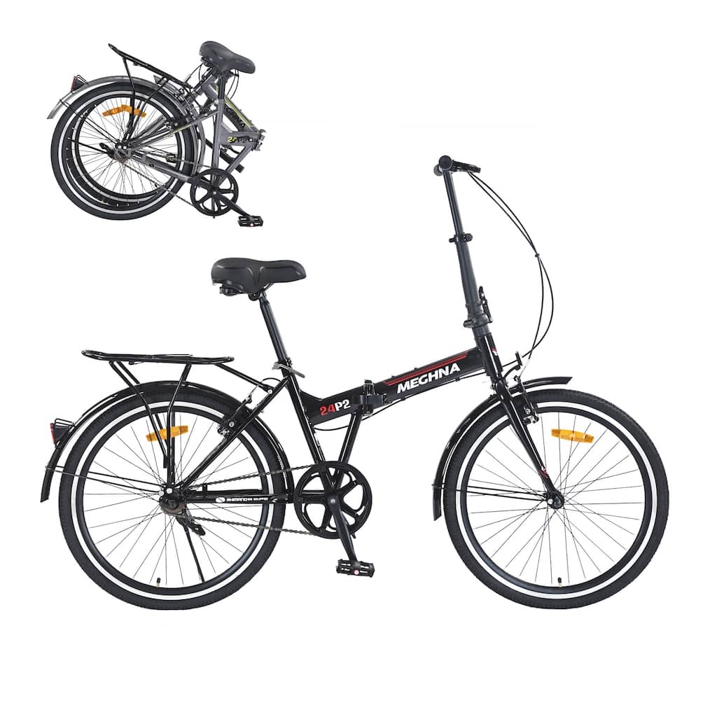 Folding City Commuter Bike - Steel Frame, Single Speed, Fenders, Dual V-Brake, Portable - 24
