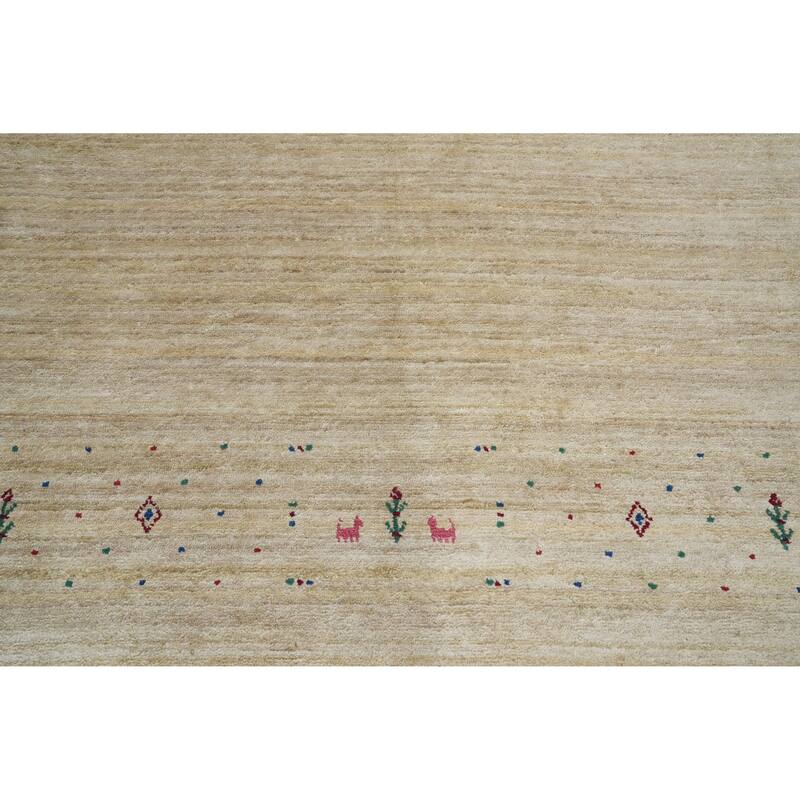Hand Knotted Oriental Viscose Silk Carpet Tribal Animal Pictorial Beige & Ivories Gabbeh Area Rug - 11' 9'' X 8' 8''