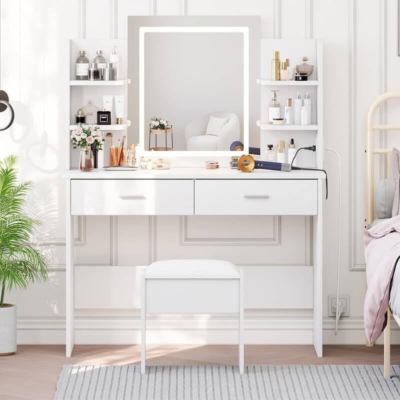 Vanity Desk with Lighted Mirror and 6 Storage Shelves