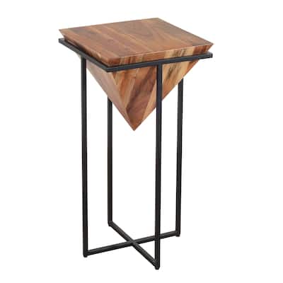 30 Inch Pyramid Shape Wooden Side Table With Cross Metal Base, Brown and Black - 30 H x 15 W x 15 L Inches