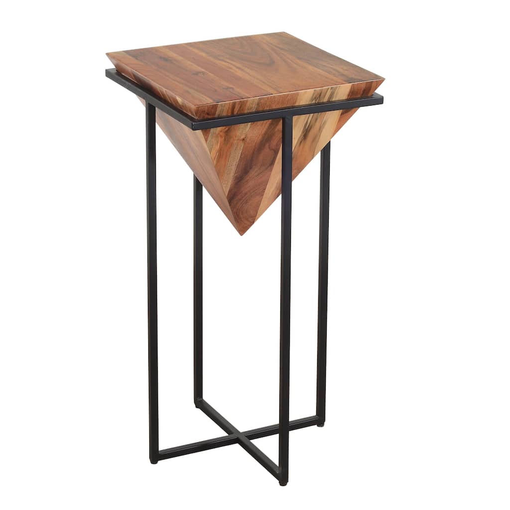 30 Inch Pyramid Shape Wooden Side Table With Cross Metal Base, Brown and Black - 30 H x 15 W x 15 L Inches