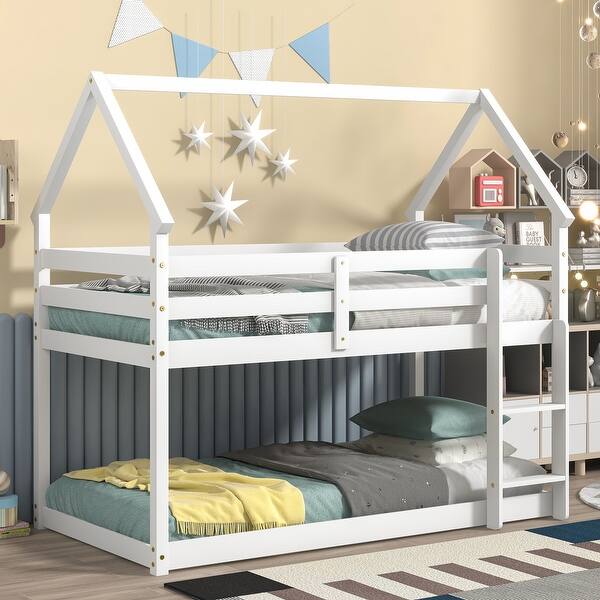 slide 2 of 7, White Twin over Twin Size Wood Loft Bed with Roof Design, Safety Guardrail and Ladder White