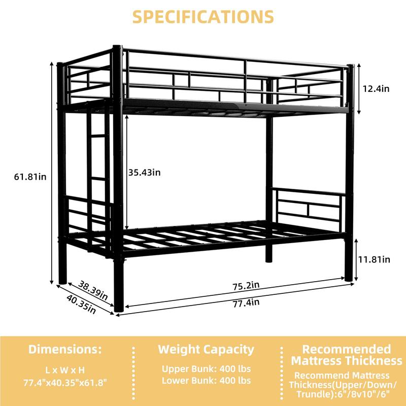 Twin Over Twin Metal Bunk Bed for Kids Boys Girls, Metal Structure Bedframe with Ladders & Guardrail, Convertible 2 Beds