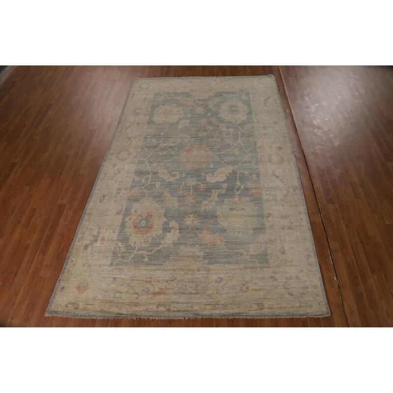 Vegetable Dye Blue Oushak Turkish Rug Hand-Knotted Wool Carpet - 5'11"x 9'7"