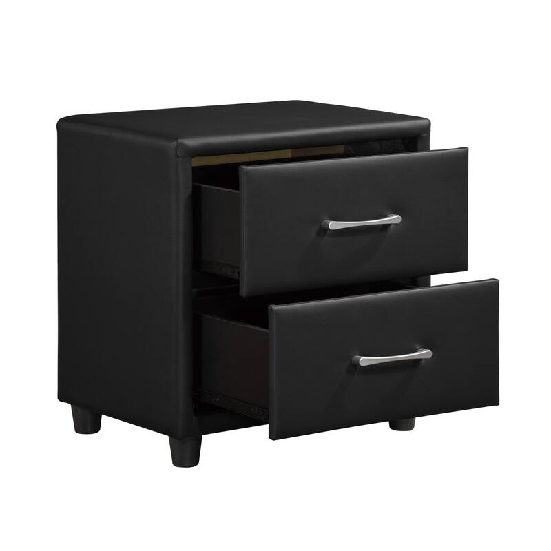 Modern Black Faux Leather Nightstand with Silver Bar Pulls