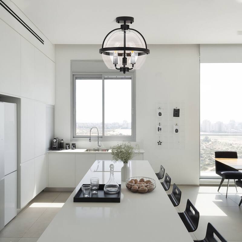 3-Light Industrial - Style Black - Framed Clear Glass Globe Flush Mount Ceiling Light - Matte Black
