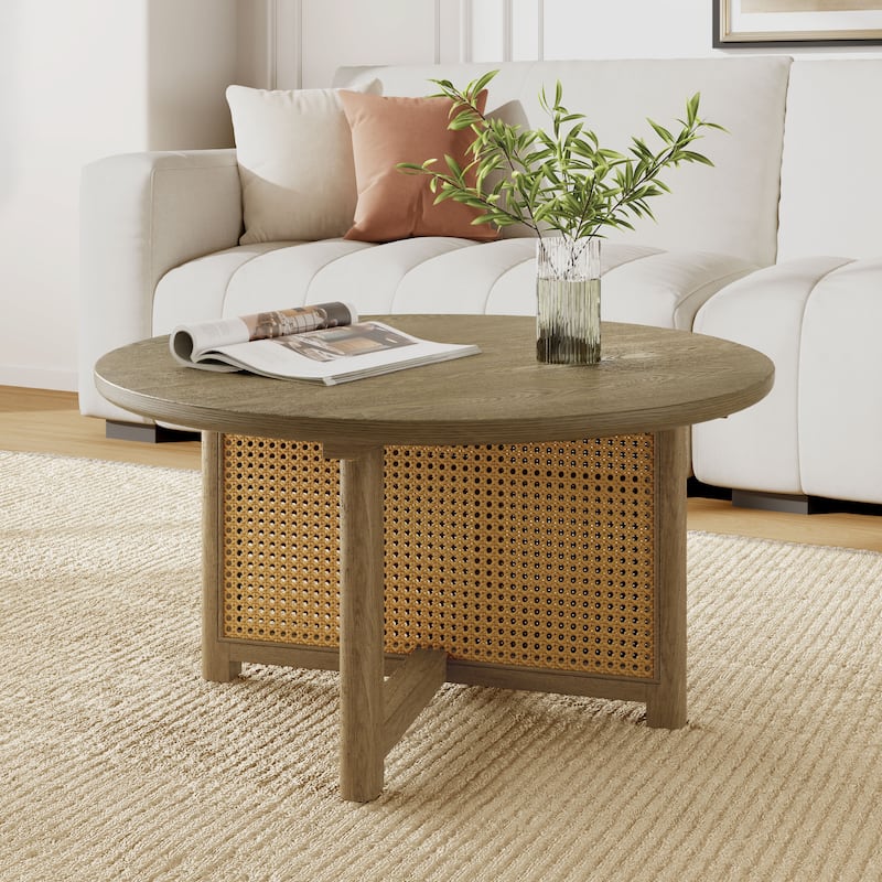 32'' Rattan Coffee Table Round Side Table, Wood Center Table End Table Rustic Dining Table for Living Room