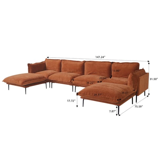 Modern Minimalist Upholstered Couches, 147" 4-Seater Cloud Modular Sectional Sofa with 2 Ottoman,U Shaped Couch for Living Room