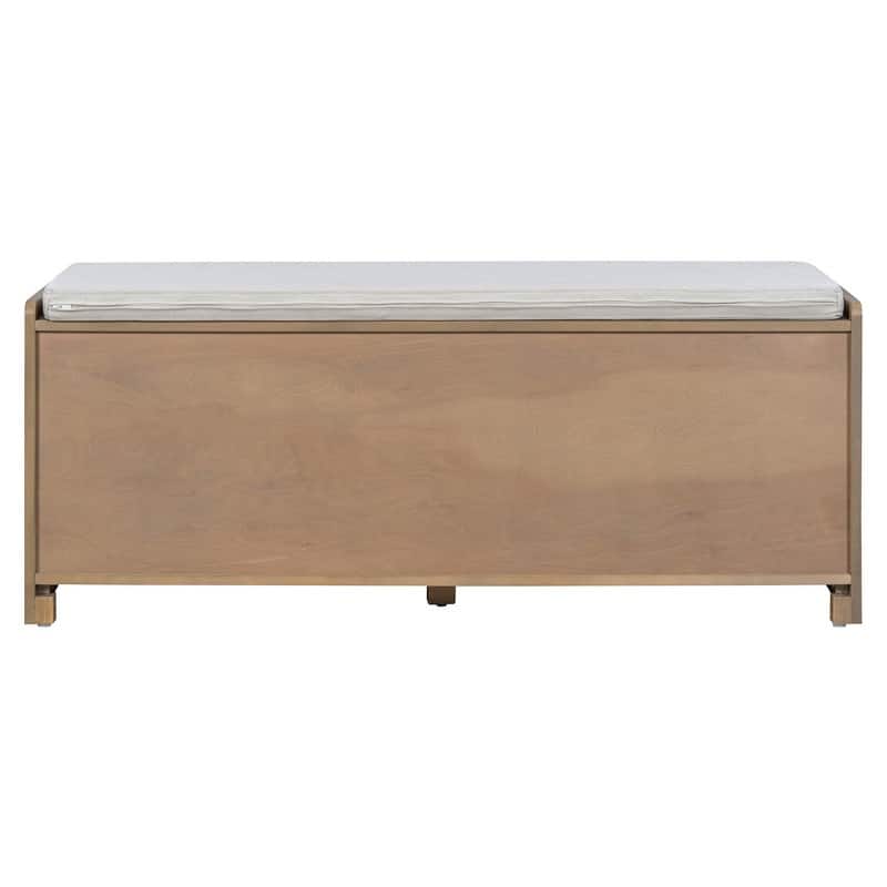 Rustic 47.4" Storage Bench Multifunctional Wooden Entryway Organizer with Removable Cushion and Rattan Doors
