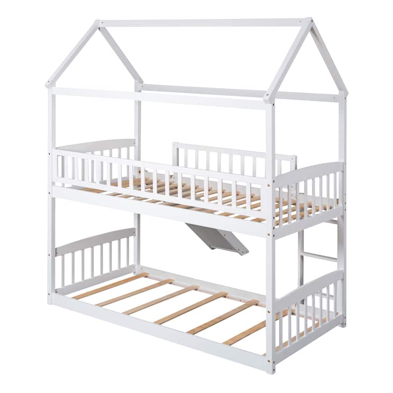 Roomfitters Twin Over Twin House Bunk Bed with Slide, Solid Wood Frame, Playhouse Design Bedroom Furniture, White