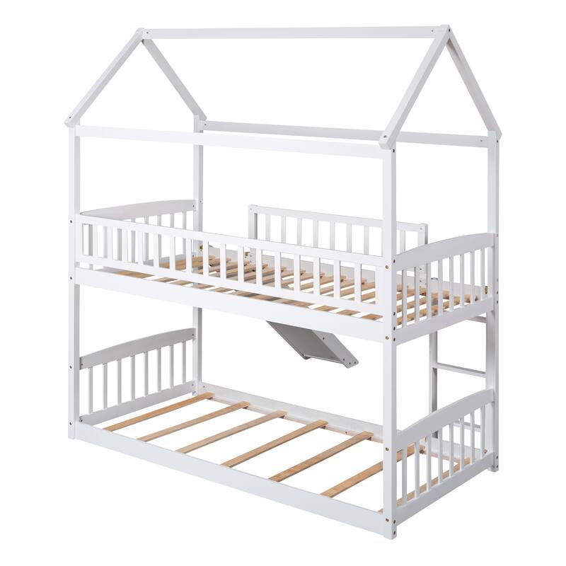 Twin Over Twin Bunk Bed with Slide, House Bed, White