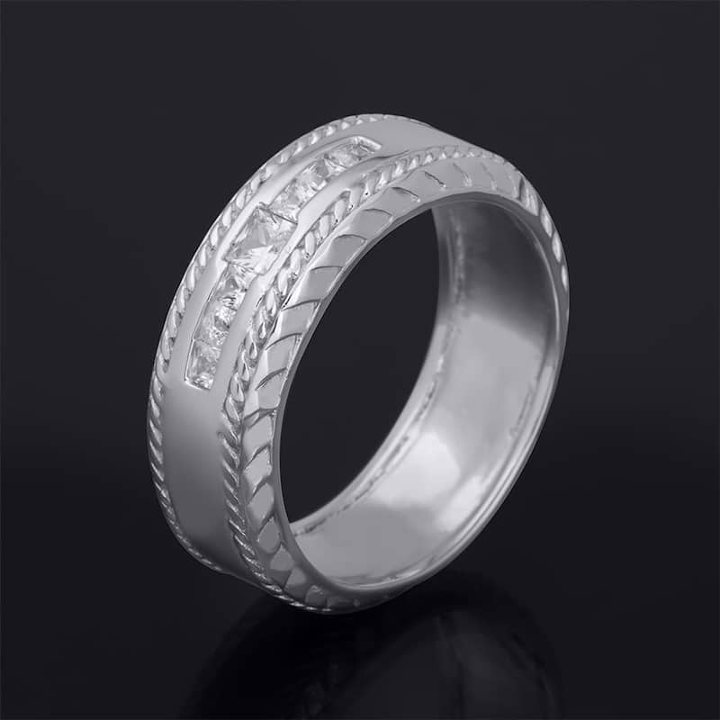 Mens 1/4 Carat Princess Cut Comfort Fit Wedding Band Ring Silver