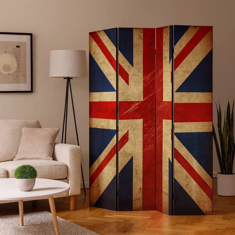 Alfie 71 Inch Folding Screen Room Divider, Union Jack Printing, 4 Panels