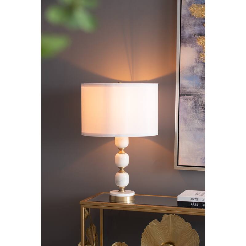 Marble Table Lamp with Fabric Drum Shade and Brass Finial Modern Vintage Style - White