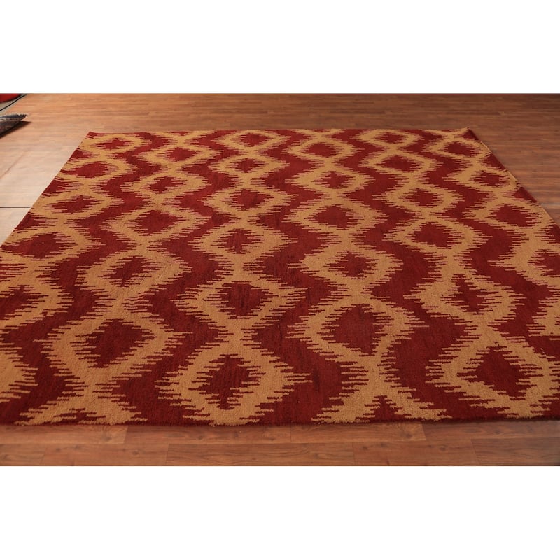 Hand Knotted Oriental 100% Wool Carpet Modern Geometric Red Moroccan Area Rug - 9' 7'' X 7' 11''