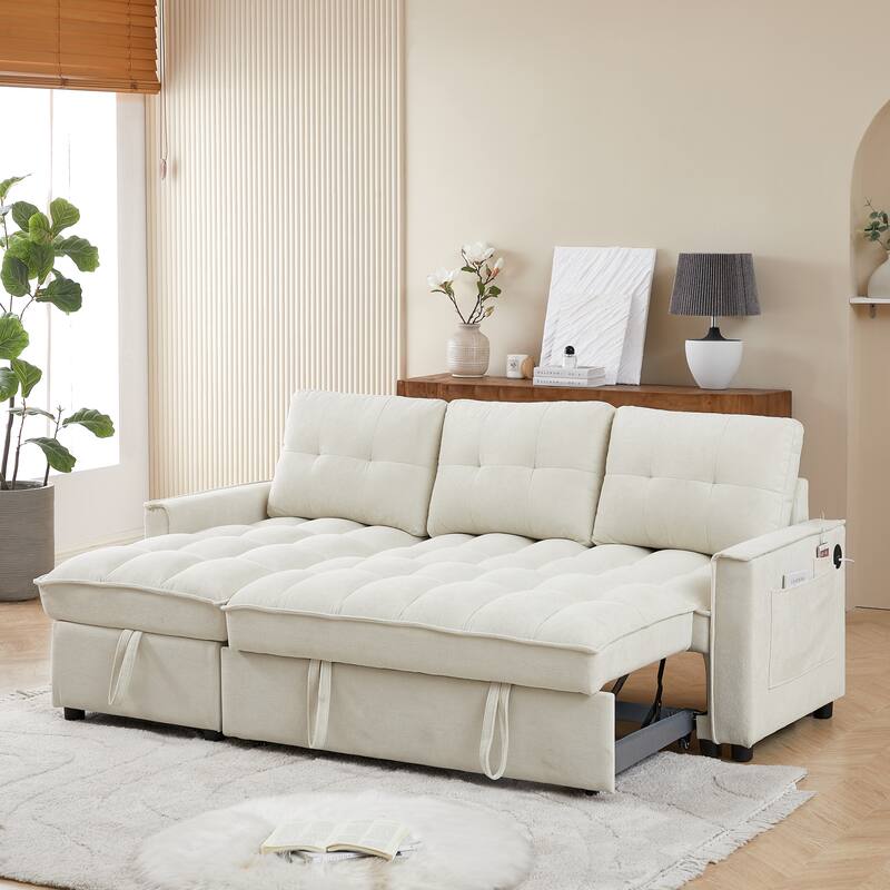 L-Shaped Reclining Sofa with Pull-Out Bed, USB Charging Ports and Storage, Arm Side Organizer for Living Room Comfort