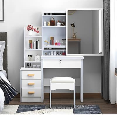 Vanity Set with Lighted Mirror & Cushioned Stool, Large Mirror Makeup Vanity Table Dressing Table w/ 4 Drawers & Storage Shelves