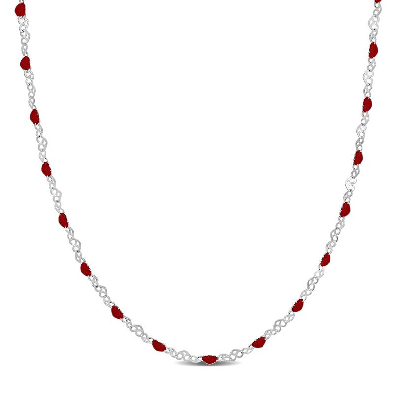 Miadora Red Enamel Heart Link Chain Station Necklace in Sterling Silver-16 in+2 ext