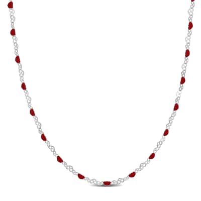 Miadora Red Enamel Heart Link Chain Station Necklace in Sterling Silver-16 in+2 ext
