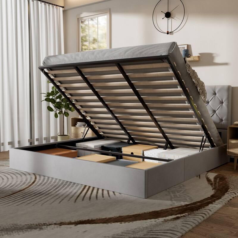 Plywood Frame Upholstered Platform Bed with Lift-up Storage Supported by Metal and Wooden Slats