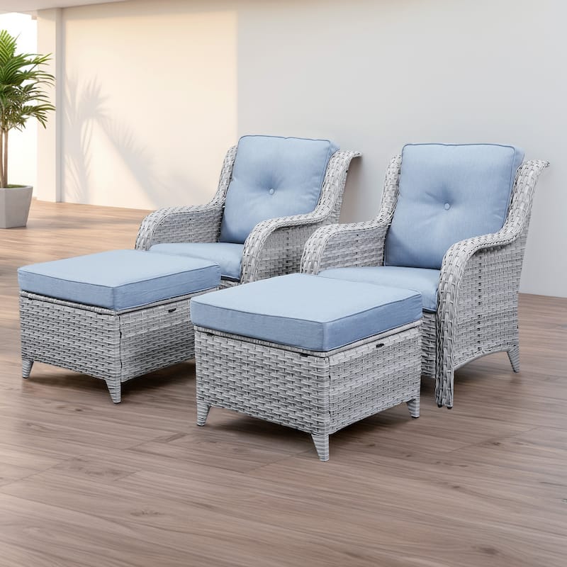 Pocassy Outdoor Patio Chairs with Ottomans Set of 4 - Light Grey/Baby Blue
