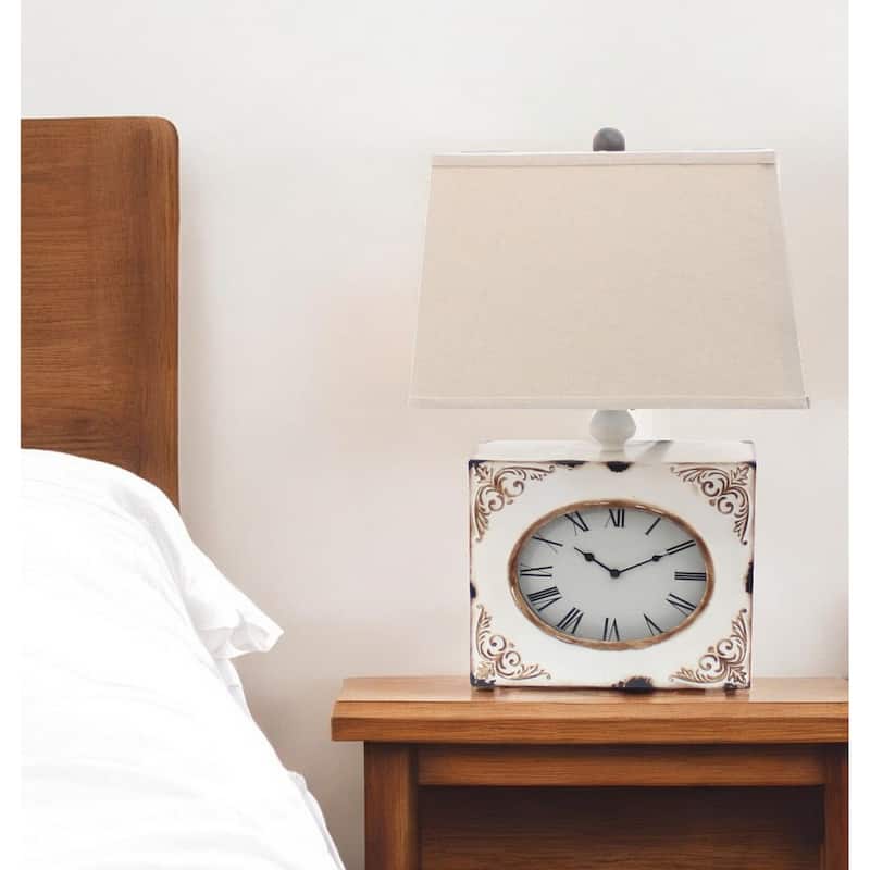 22" Metal Table Lamp with Beige Rectangular Shade and Traditional Design for Living Room or Bedroom - 22”H x 7”W x 7”D - White-Beige