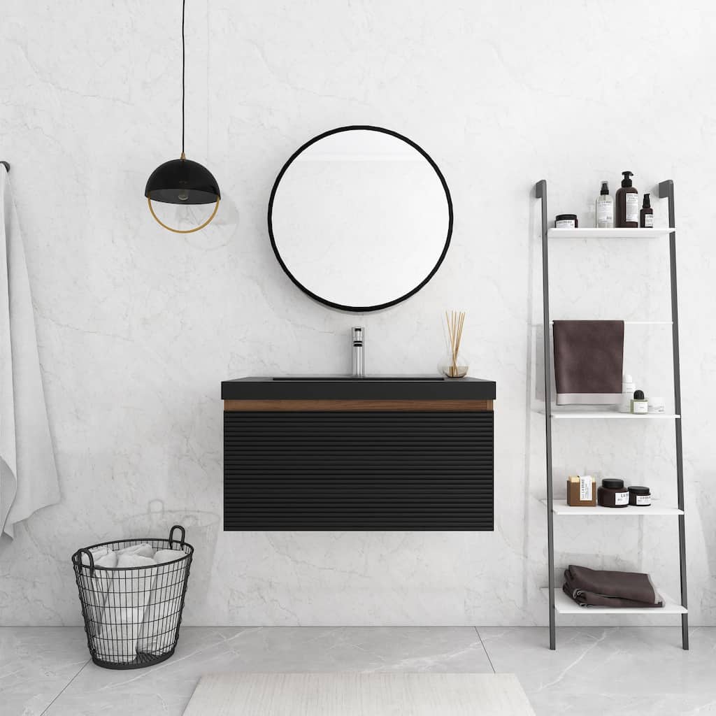 MDF Wall-Mounted Bathroom Vanity Set with Integrated Resin Sink with Drain in Matte Black