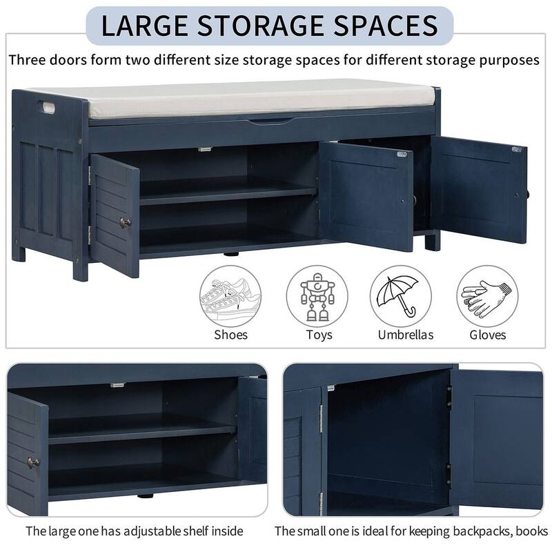 3-drawer Wooden Storage Bench with Cushion