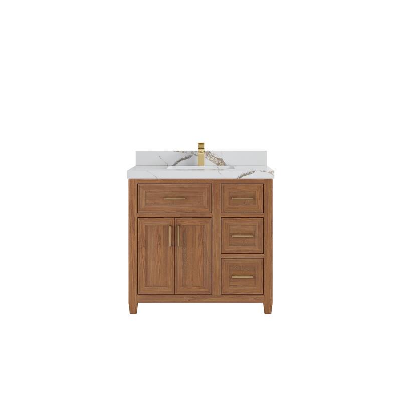 Willow Collections 36 in. W x 22 in. D Santa Monica Teak Bathroom Vanity Center with Countertop - 2”Calacatta Gold - Dark Natural Teak