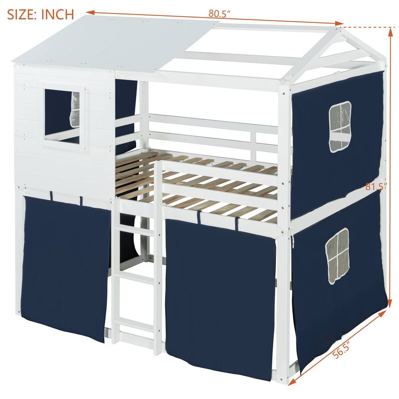 Playhouse Bed Floor Bunk Bed Kids Loft Bed with Tent