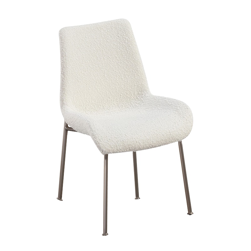 Zame 20 Inch Dining Chair, Soft Boucle Upholstery, Set of 2, Nickel Legs, White