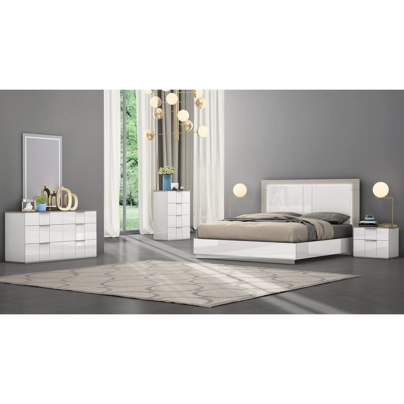 Queen Bed with High Gloss White Frame & Taupe Headboard - Modern Bedroom Furniture
