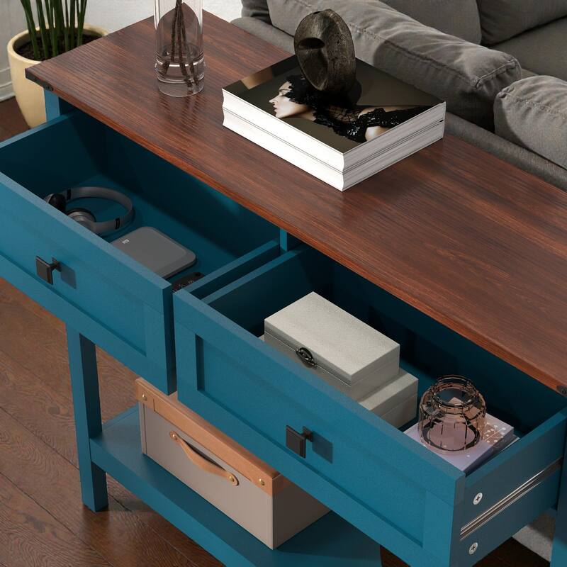 Farmhouse Console Table with 2 Drawers and Bottom Shelf, Rustic Entryway Table for Living Room and Hallway Storage