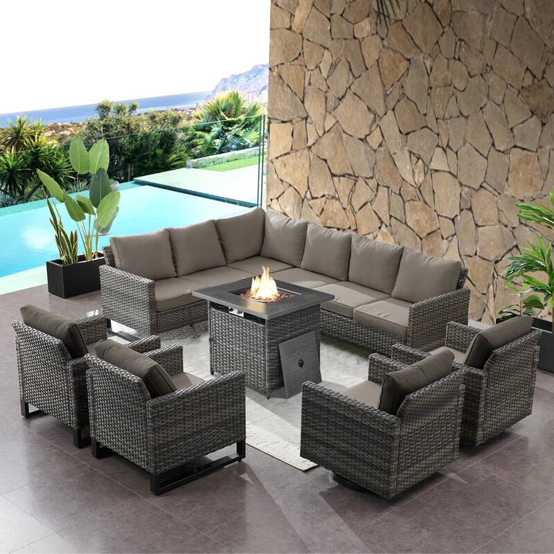 Fire Pit Table with Patio Sofa Swivel Chair Sets - Grey - Grey
