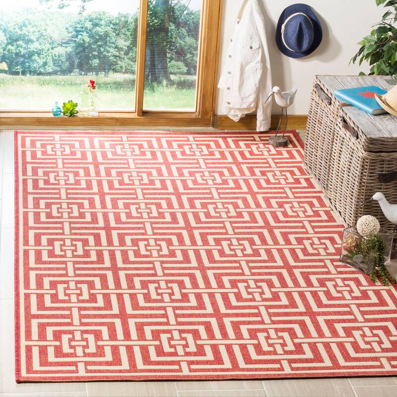 SAFAVIEH Linden Darla Indoor/ Outdoor Waterproof Patio Backyard Rug - 4'x6' - Red/Creme