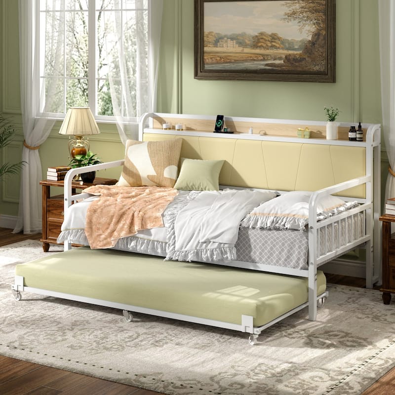 Javlergo White Modern Daybed with Trundle PU Leather Wood Headboard featuring AC USB Outlets for Living Room Bedroom Guest Room - White