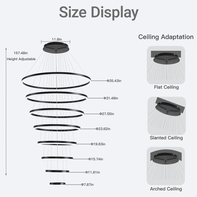 Modern LED Ring Chandelier - Remote Control Dimmable Pendant Lights for High Ceilings, Foyers & Living Rooms