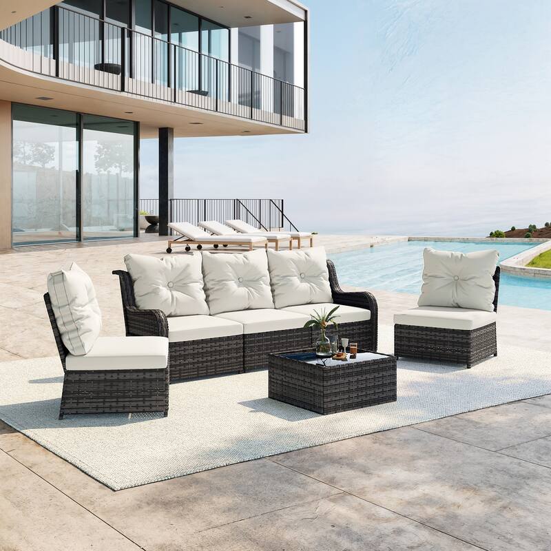 Outdoor Wicker Patio Conversation Furniture Set with Table and Cushion