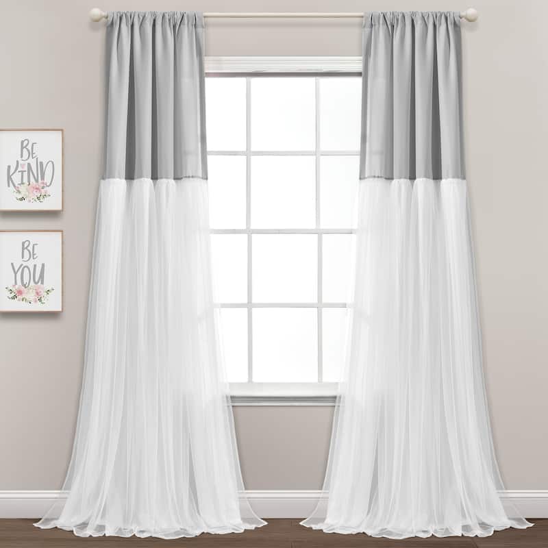 Lush Decor Tulle Skirt Colorblock Window Curtain Panel Pair - 84" x 40" - 84 Inches - Light Gray & White