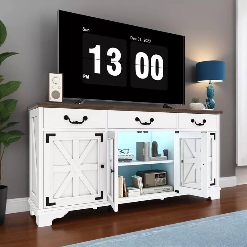 65 Inch Farmhouse Sideboard Cabinet LED Light with 3 Drawers - 65 inches