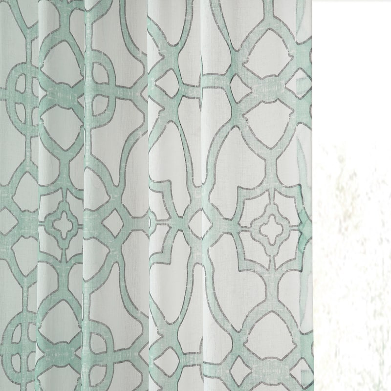 Exclusive Fabrics Sea Glass Blue Printed Faux Linen Sheer Curtain (1 Panel)
