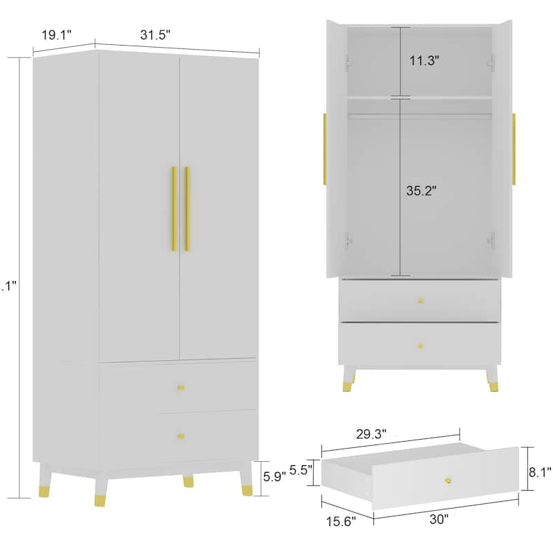 70.9"H Armoires & Wardrobe Two Drawers Hanging Storage Closet Cabinet