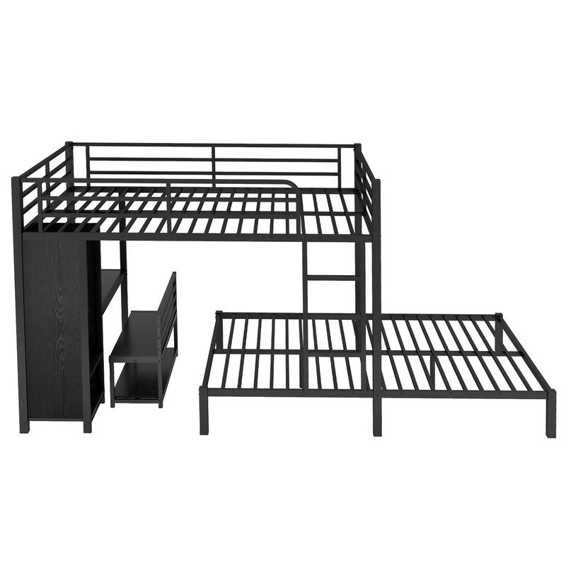 Queen Size Metal Bunk Bed with Wardrobe, Desk & Storage Chairs, Space-saving Design
