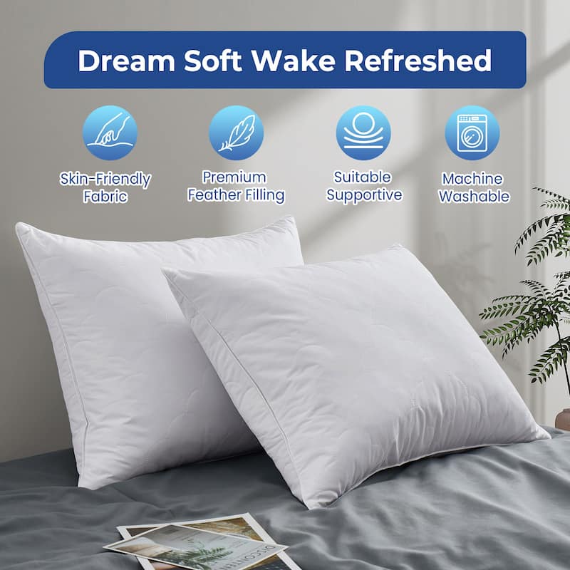 2 Pack Hotel Quality Goose Feather Bed Pillows for Side & Back Sleepers