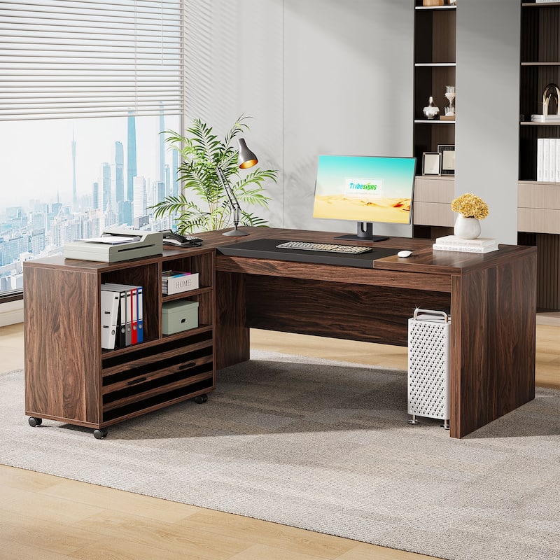 62.2" Executive Desk with Mobile File Cabinet, L-Shaped Office Desk for Home Office