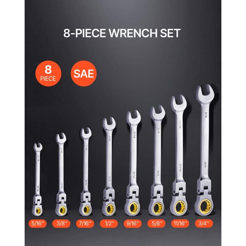 8 Pieces Carbon Steel SAE Flex-Head Wrench Set with 72-Tooth Ratchet Ideal for DIY Projects or Household Repairs