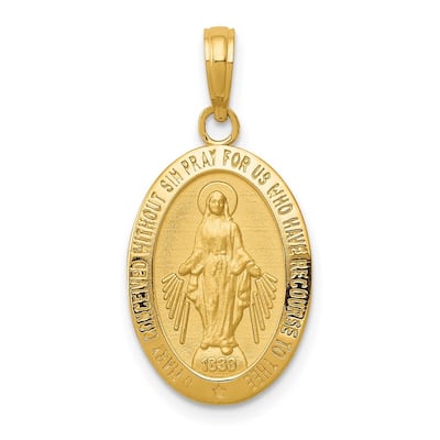 Curata 14k Yellow Gold 18" Satin Small Miraculous Medal Necklace - 19x13mm