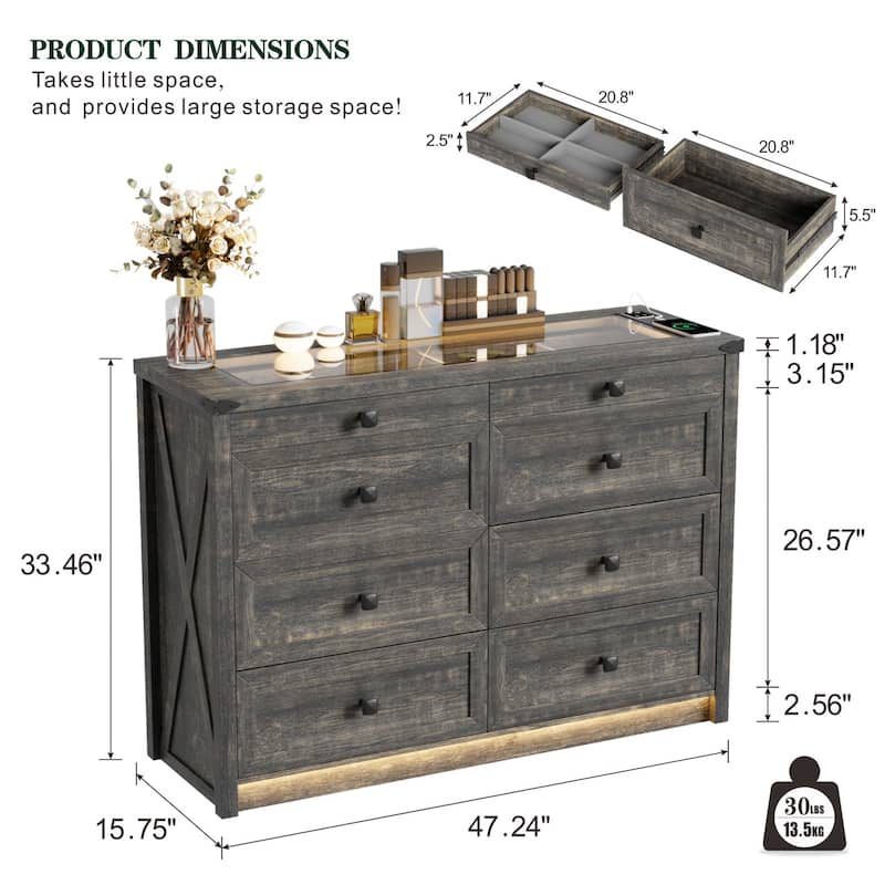 8 - Drawer Dresser With LED Light and USB Port
