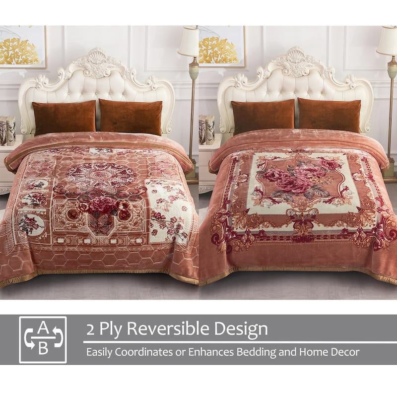 2 Ply A&B Printed Raschel Bed Blanket 85" x 95"-10 Pounds - Camel Floral