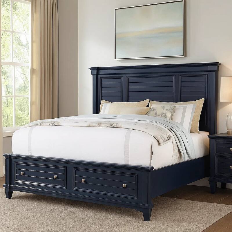 Zeny Queen Bed with Storage Drawers, Panel Headboard, Blue Wood
